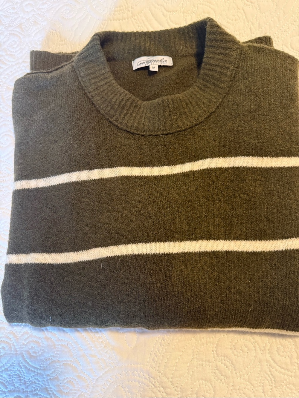 Olive Green Striped Crewneck Sweater by Amy Byer